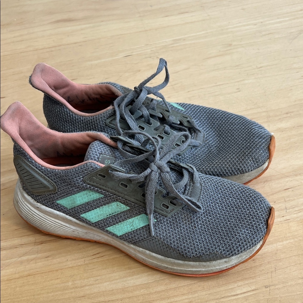 Adidas Kids Gray Sneakers with Pink and Green Accents